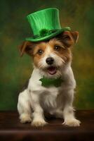 Cute puppy in green top hat. St. Patrick's Day. AI generated photo