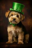 Cute puppy in green top hat. St. Patrick's Day. AI generated photo