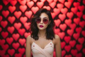 San Valentín día. retrato de hermosa joven asiático mujer en Gafas de sol en rojo antecedentes con corazones. ai generado foto