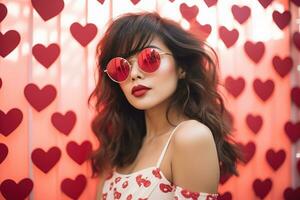 Valentine's day. Portrait of beautiful young Asian woman in sunglasses on red background with hearts. AI generated photo