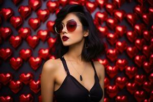 San Valentín día. retrato de hermosa joven asiático mujer en Gafas de sol en rojo antecedentes con corazones. ai generado foto