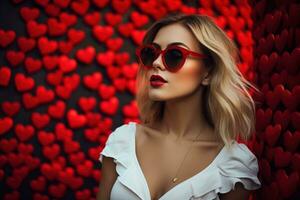 San Valentín día. retrato de hermosa joven mujer en Gafas de sol en rojo antecedentes con corazones. ai generado foto