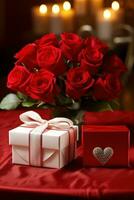 Romantic dinner setting with red roses and gift box on table.Valentine's Day Concept AI generated photo