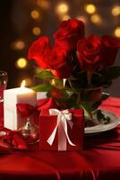 Romantic dinner setting with red roses and gift box on table.Valentine's Day Concept AI generated photo