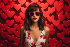 Valentine's day. Portrait of beautiful young Asian woman in sunglasses on red background with hearts. AI generated photo