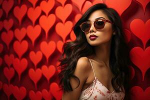 Valentine's day. Portrait of beautiful young Asian woman in sunglasses on red background with hearts. AI generated photo