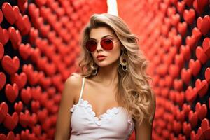 Valentine's day. Portrait of beautiful young woman in sunglasses on red background with hearts. AI generated photo