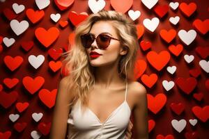 Valentine's day. Portrait of beautiful young woman in sunglasses on red background with hearts. AI generated photo