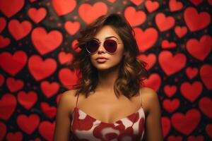 San Valentín día. retrato de hermosa joven mujer en Gafas de sol en rojo antecedentes con corazones. ai generado foto