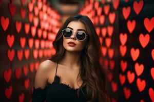 Valentine's day. Portrait of beautiful young woman in sunglasses on red background with hearts. AI generated photo