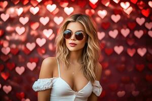 San Valentín día. retrato de hermosa joven mujer en Gafas de sol en rojo antecedentes con corazones. ai generado foto
