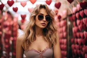 San Valentín día. retrato de hermosa joven mujer en Gafas de sol en rojo antecedentes con corazones. ai generado foto