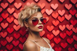 Valentine's day. Portrait of beautiful young woman in sunglasses on red background with hearts. AI generated photo