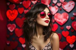 Valentine's day. Portrait of beautiful young woman in sunglasses on red background with hearts. AI generated photo