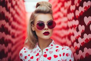 Valentine's day. Portrait of beautiful young woman in sunglasses on red background with hearts. AI generated photo