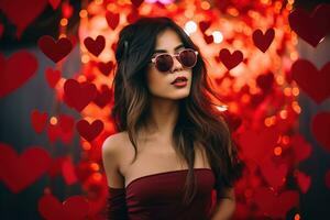 San Valentín día. retrato de hermosa joven asiático mujer en Gafas de sol en rojo antecedentes con corazones. ai generado foto