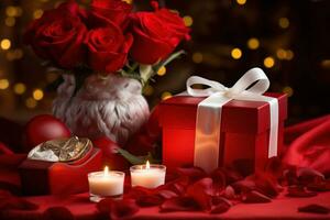 Romantic dinner setting with red roses and gift box on table.Valentine's Day Concept AI generated photo