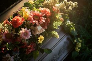 Colorful flowers on the grave in the cemetery, funeral concept. AI generated photo