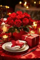 Romantic dinner setting with red roses and gift box on table.Valentine's Day Concept AI generated photo