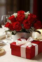 Romantic dinner setting with red roses and gift box on table.Valentine's Day Concept AI generated photo