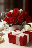 Romantic dinner setting with red roses and gift box on table.Valentine's Day Concept AI generated photo