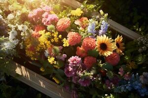 Colorful flowers on the grave in the cemetery, funeral concept. AI generated photo