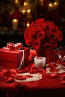 Romantic dinner setting with red roses and gift box on table.Valentine's Day Concept AI generated photo