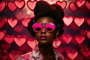 Fashionable african american woman with glasses on valentine background AI generated photo