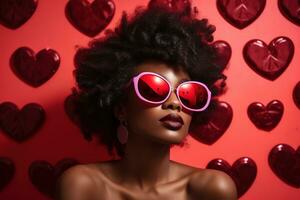 Fashionable african american woman with glasses on valentine background AI generated photo