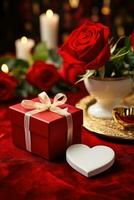 Romantic dinner setting with red roses and gift box on table.Valentine's Day Concept AI generated photo