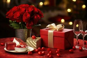 Romantic dinner setting with red roses and gift box on table.Valentine's Day Concept AI generated photo