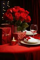 Romantic dinner setting with red roses and gift box on table.Valentine's Day Concept AI generated photo