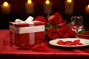 Romantic dinner setting with red roses and gift box on table.Valentine's Day Concept AI generated photo