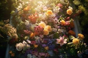 Colorful flowers on the grave in the cemetery, funeral concept. AI generated photo