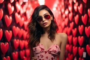 Valentine's day. Portrait of beautiful young Asian woman in sunglasses on red background with hearts. AI generated photo