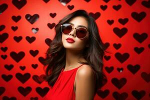 Valentine's day. Portrait of beautiful young Asian woman in sunglasses on red background with hearts. AI generated photo