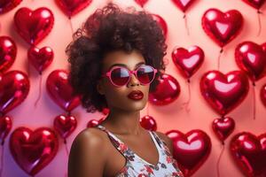 Fashionable african american woman with glasses on valentine background AI generated photo