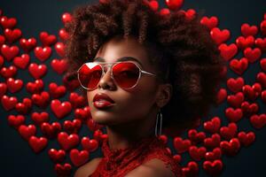 de moda africano americano mujer con lentes en enamorado antecedentes ai generado foto