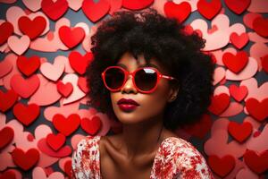 de moda africano americano mujer con lentes en enamorado antecedentes ai generado foto