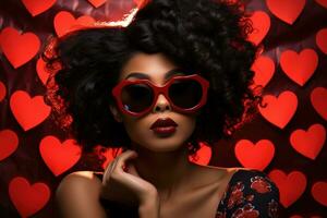 Fashionable african american woman with glasses on valentine background AI generated photo