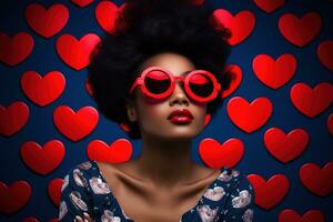 Fashionable african american woman with glasses on valentine background AI generated photo