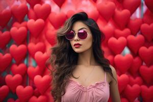 San Valentín día. retrato de hermosa joven asiático mujer en Gafas de sol en rojo antecedentes con corazones. ai generado foto