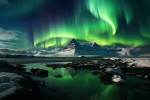 Northern lights over snowy mountain range with reflection in water AI generated photo