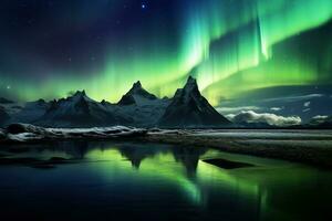 Northern lights over snowy mountain range with reflection in water AI generated photo