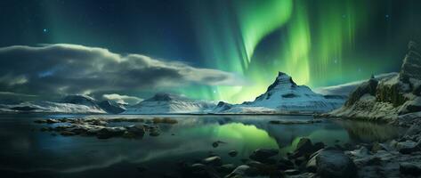 Northern lights over snowy mountain range with reflection in water AI generated photo