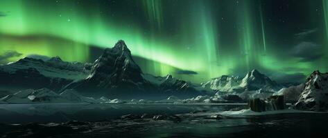 Northern lights over snowy mountain range with reflection in water AI generated photo