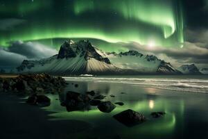 Northern lights over snowy mountain range with reflection in water AI generated photo