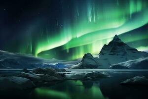 Northern lights over snowy mountain range with reflection in water AI generated photo