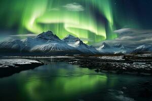 Aurora borealis in Iceland with snow covered mountains and reflection AI generated photo