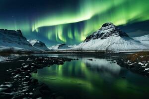 Aurora borealis in Iceland with snow covered mountains and reflection AI generated photo